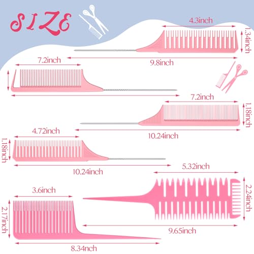 Patelai 6 Pack Pink Highlighting Hair Combs for Weaving & Styling (Classic Style)