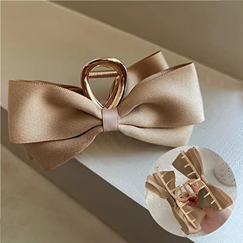 Satin Bow Claw Clip Large Hair Bow Khaki Bow Hair Clip for Women Casual & Formal Wear Stylish and Elegant Big Hair Bow Non-slip Strong Hold For Girls and Women with Thick and Thin Hair