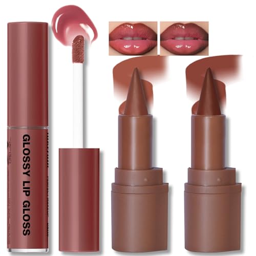 HOSAILY Lip Liner & Lip Gloss Set - Red & Dark Red, Moisturizing, Long-Lasting Glossy Lip Makeup