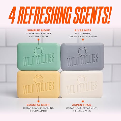 Wild Willies Moisturizing Mens Bar Soap - Bath Soaps with Shea Butter for Odor Protection - Natural Body Bar for Men - River Mist Scent, 3 Pack