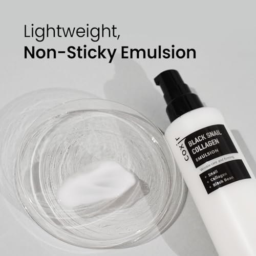coxir BLACK SNAIL COLLAGEN EMULSION | Black Rice, Snail Mucin, Collagen, Hyaluronic Acid | Lightweight Face Moisturizer | Firming, Nourishing, Korean Skin Care [100ml/3.38 fl.oz] (Pack of 2)