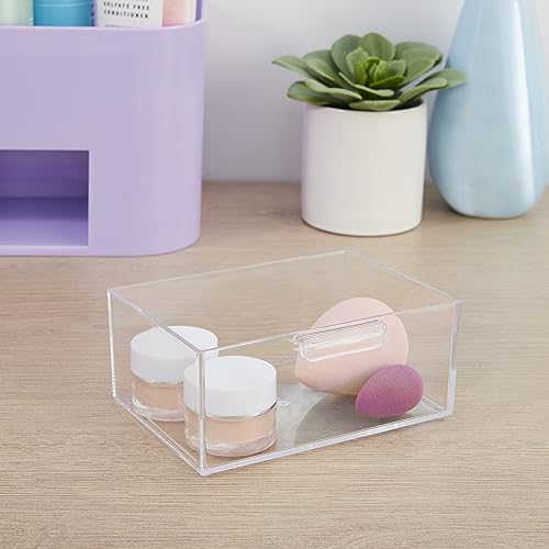 STORi Bliss 4-Compartment Plastic Vanity Organizer with Small Accessory Drawer in Lilac Purple | Rectangular Makeup, Skincare, & Cosmetic Storage Bin with Pass-Through Handles | Made in USA
