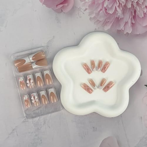 French Tip Press on Nails Medium Square Fake Nails Pink False Nails with Rhinestone Bling 3D Flower Designs Acrylic Nails Full Cover Reusable Stick on Nails Glossy for Women 24pcs