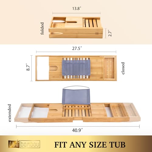 Bamboo Bathtub Caddy Tray with Wine & Book Holder