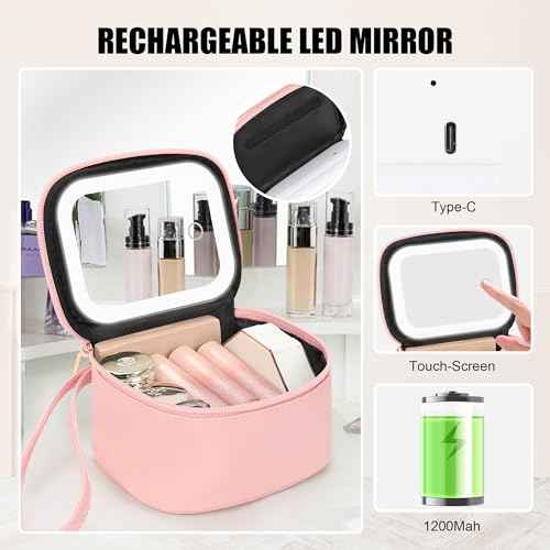 Relavel Mini Makeup Bag with Led Mirror, Small Cosmetic Bag with 3 Light Modes, Rechargeable Portable Makeup Pouch with Hands-Free Wrist Strap for Pool Parties?Work Touch-Ups?Travel - Pink