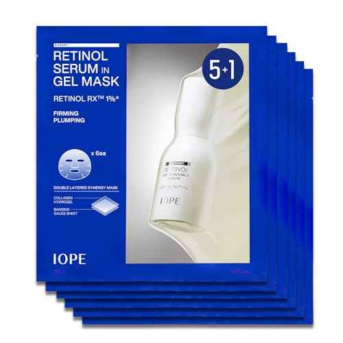 IOPE Retinol Serum in Deep Collagen Gel Mask 5+1 Set | Double-Layered Hydrogel Sheet for High Adhesion, A Full Bottle of Retinol RX 1% Serum, Intense Firming & Plumping, Anti-Aging, Korean Skincare