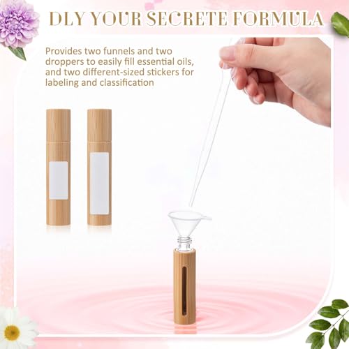 18 Pcs 10ml Bamboo Roll on Bottles for Essential Oils Empty Bottles with Stainless Steel Roller Balls with Funnels, 3ml Droppers and Stickers