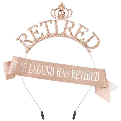 SuPoo Rose Gold Retirement Sash for Women Rhinestone Retired Crown Headband Tiara Retirement Gifts The Legend Has Retired Sash Crown Elegant Retirement Party Decorations Retired Decor