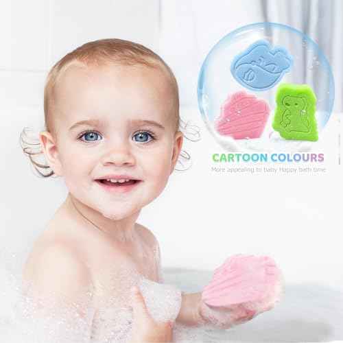Baby Bath Sponge, Natural Cute Shapes Soft Shower Sponges for Bathing, Bathtub Foam for Infants and Toddler, 3pcs : Blue Whale, Pink Ship, Green Dinosaur