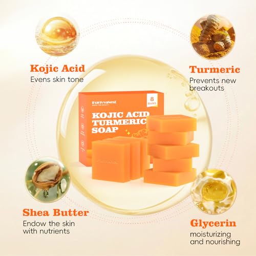 Turmeric Soap Bar Dark Spot Kojic Acid Soap Remover for face and body Even Skin Tone, Moisturizing & Nourishing Natural Ingredients 65g x 8 Bars