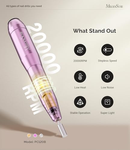 MelodySusie Portable Nail Drill PC120B - 20000RPM Electric File for Manicure & Gel Removal