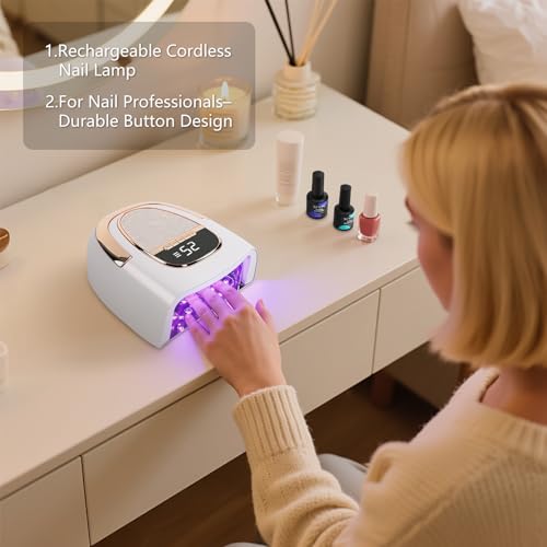 96W Professional Cordless Nail Lamp for Gel & Acrylic Nails 60S Fast-Curing UV/LED Light with 15600mAh Rechargeable Battery (60+ Uses), Smart Sensor & Metal Base for Home and Salon