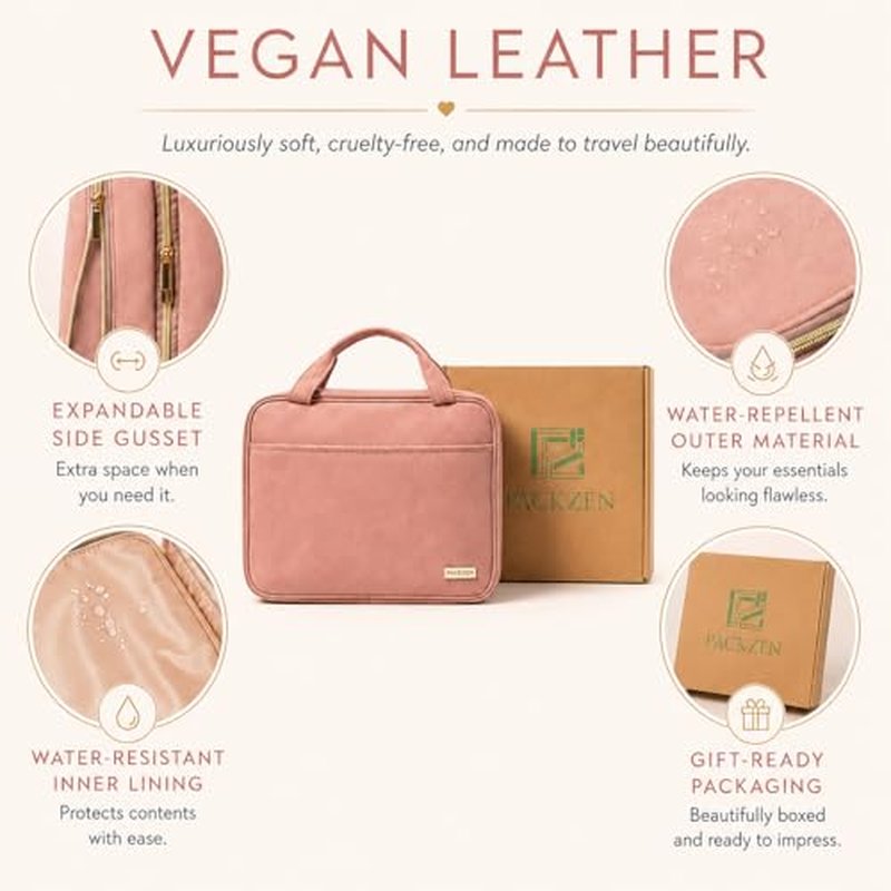 Pink Vegan Leather Travel Toiletry Bag for Women - Large Makeup Organizer