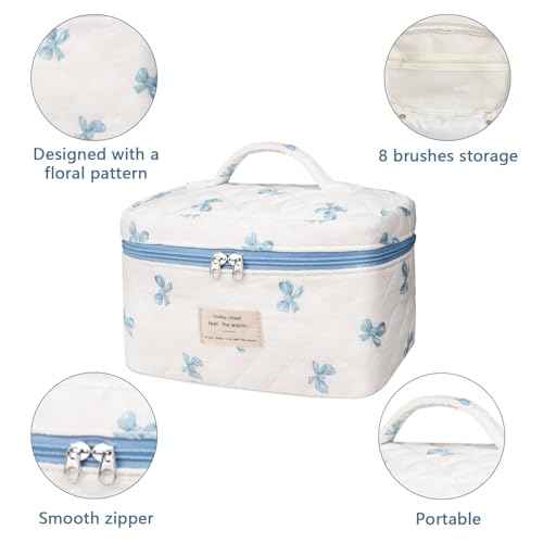 Large Makeup Bag, Cute Cosmetic Bag for Women Girls, Floral Coquette Aesthetic Toiletry Bag, Travel Make Up Organizer Bag (White Blue Butterfly Flower)
