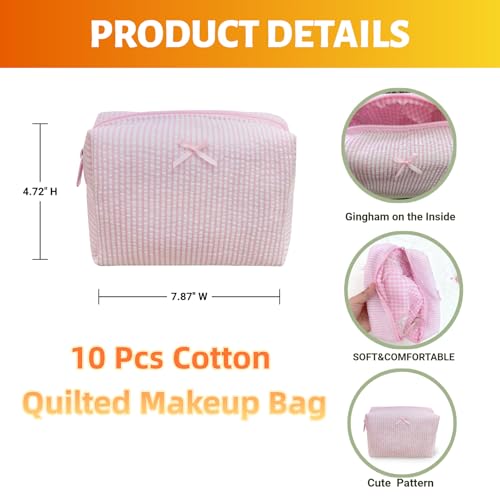 10 Pcs Cotton Quilted Makeup Bags Bulk-Easter Basket Gifts Bulk Bow Stripe Cosmetic Bags Coquette Aesthetic Makeup Pouch with Zipper Travel Portable Bag Preppy Gifts for Women (Blue 5pcs+Pink 5pcs)