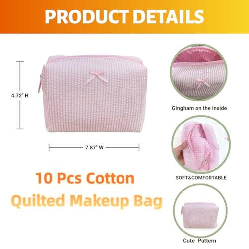 10 Pcs Cotton Quilted Makeup Bags Bulk-Easter Basket Gifts Bulk Bow Stripe Cosmetic Bags Coquette Aesthetic Makeup Pouch with Zipper Travel Portable Bag Preppy Gifts for Women (Blue 5pcs+Pink 5pcs)