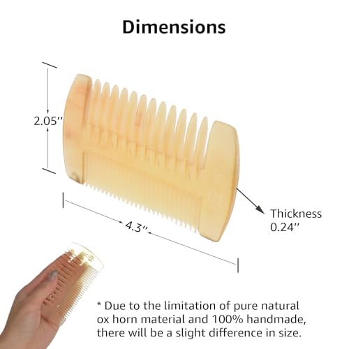 Untreated 4.3 inch Real Ox Horn Curly Hair Picks Beard Mustache Comb, Handmade Fine Wide Tooth Double Sided Small Pocket Travel, Anti-static Detangling Massage Scalp Gua sha for Women Men