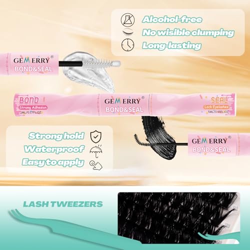 GEMERRY Lash Clusters Kit 100D Long 12-21mm with Spikes Cluster Eyelash Extensions Kit DIY Wispy Natural Lash Clusters with Lash Bond and Seal Spiky Individual Lashes Eyelashes