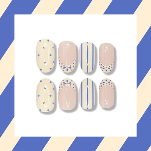 French Tip Press On Nails Short Almond 24pc Polka Dot Blue