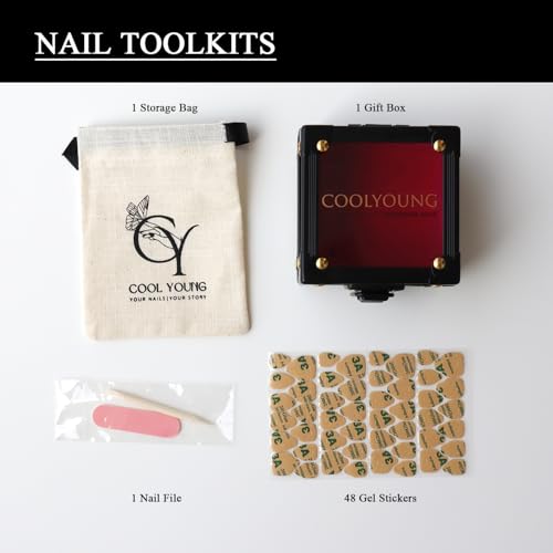COOLYOUNG French Tip Nails, Cat Eye Press On Nails, 'Lonely Warrior', Square Nail Tips,10 Pieces Black Press On Nails with 1 Gift Box,1 Storage Bag and Gel Nail Kit (S)