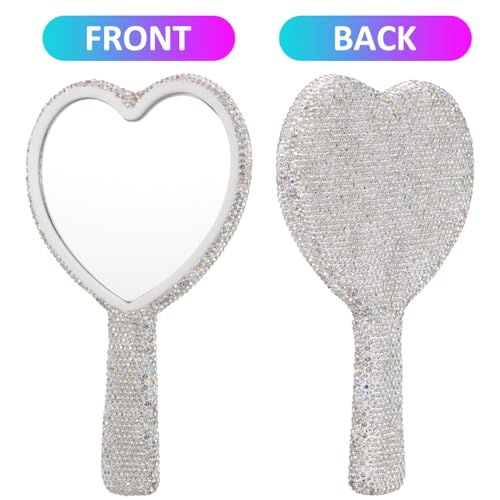 Baluue Heart-Shaped Mirror with Rhinestone Portable Handheld Single-Sided Makeup Mirror for Women Elegant Bling Cosmetic for Beauty Use for Lash and Beauty Use (Pack of 2)