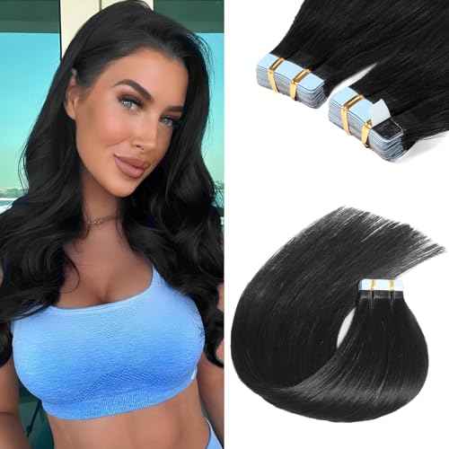 Sunfly Tape in Hair Extensions Human Hair 24 Inch Jet Black 20 Pieces Invisible Hair Extensions Tape Ins Seamless Adding Length 50g