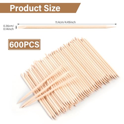 600 Pcs Wooden Cuticle Sticks - Double Sided Orange Wood Nail Sticks (4.5 in)