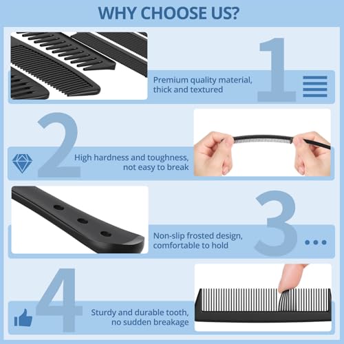 Professional Hair Comb Set - 6 Black Wide & Fine Tooth Styling & Detangling Tools
