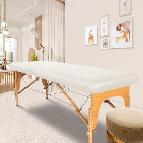 PU Leather Massage Table Cover Waterproof Massage Table Cover Protector Elastic, Odorless & Anti-Wrinkle Wipeable Massage Bed Cover Fitted for 6FT Massage Bed/Spa Bed/Lash Bed (White, 1Pcs)