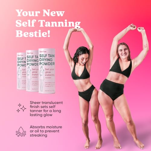 Tan Fan Self Tan Drying Powder Kit - Stops Sticky Feeling - Sets Sunless Tanner - 100% Vegan Talc-Free Translucent Natural Blend Setting w Brush + Pouch For Smooth Silky Skin - USA Made (Coconut 3oz)