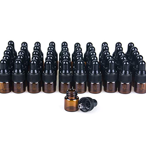 1ml Amber Glass Dropper Bottles, 50 Pack with Caps