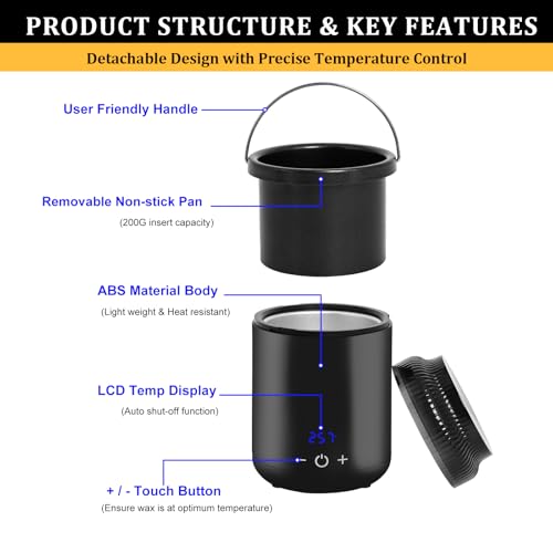 Podoy Mini Wax Pot Warmer for Hair Removal, Small Portable Travel Wax Melt Heater Machine Digital Display for SPA Salon Brow Body Nose Upper Lip Hair Waxing with 100 Waxing Sticks