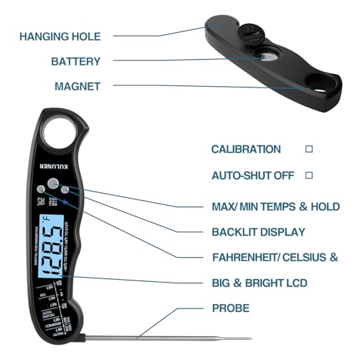 KULUNER TP-01 Waterproof Digital Instant Read Meat Thermometer with 4.6 Folding Probe Backlight Calibration Function for Cooking Food Candy, BBQ Grill, Liquids,Beef(Black)