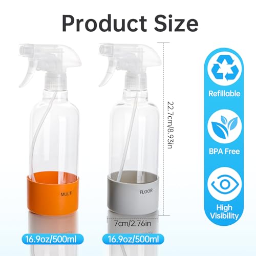Spray Bottle 16oz 2-Pack with Silicone Sleeve & 3-Mode Nozzle