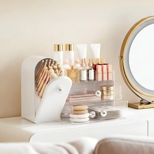 Lurcns Makeup Organizer with Dustproof Brush Holder & 2 Drawers