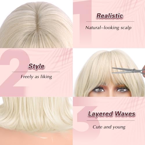 Haloo 14-Inch Blonde Bob Wig with Bangs - Wavy Medium Synthetic Hair