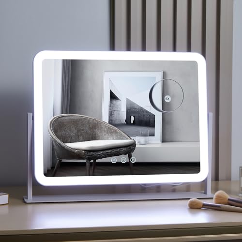 HIEEY Vanity Mirror with Lights, Lighted Makeup Mirror, Three Color Lighting Modes, and 5X Magnification Mirror, Smart Touch Control, 360¡ÆRotation (17.4" x 13.5" White,Gift Box)