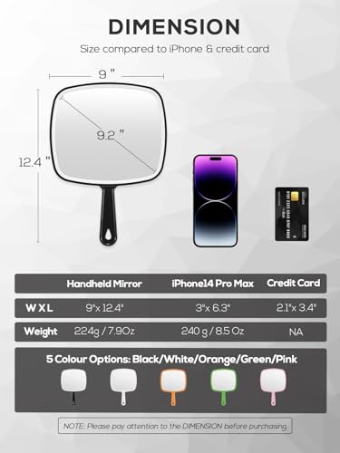 12.4" x 9" Black Handheld Mirror with Handle - Distortion-Free