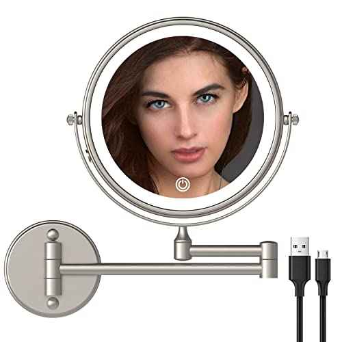 Rechargeable Makeup Mirror Wall Mounted with Double Side 1X/10X Magnification,3 Color Lights Touch Screen and 360¡Æ Swivel Extendable(Brushed Grey)
