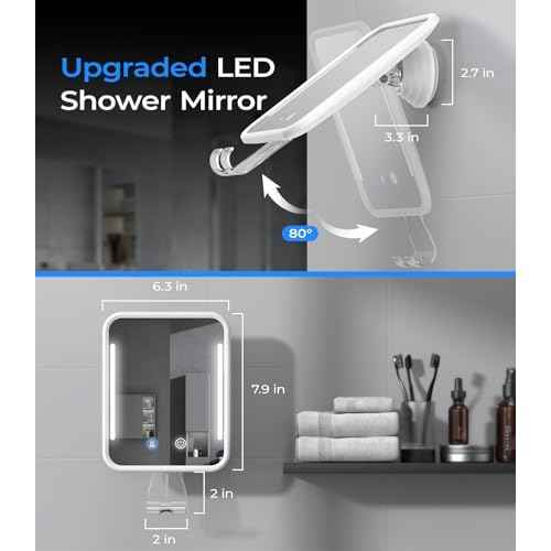 Gospire Heated Shower Mirror Fogless for Shaving with Light, 5000mAh Rechargeable Battery, Detachable Suction Cup and Razor Holder for Wall, NO-Drilling, Removable, Waterproof for Bathroom - White