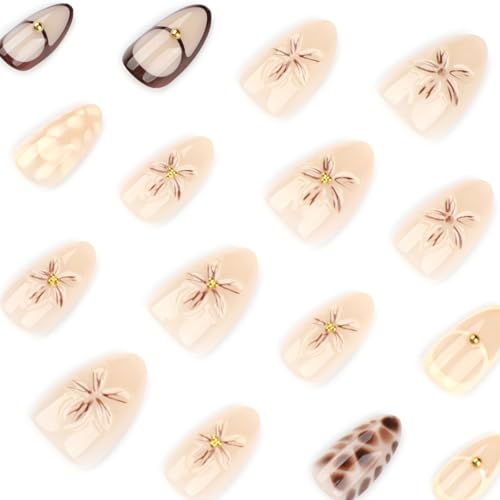 Tortoise Shell Almond Press on Nails - 24 Pcs Brown Floral Design