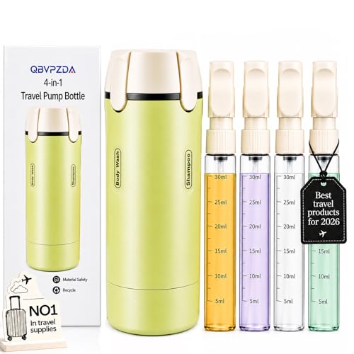 QBVPZDA Green 4-in-1 Travel Dispenser Bottle Set for Toiletries, Leakproof & Refillable
