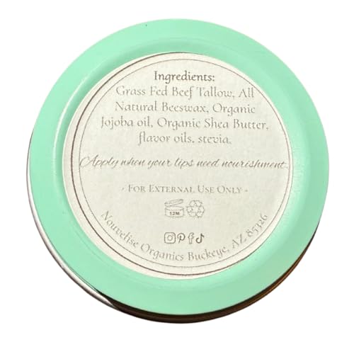 Nouvelise Organics Tallow Lip Balm | 100% Organic Beef Tallow, Organic Beeswax, Jojoba, and Shea Butter | Moisturizing Lip Care for Dry, Chapped Lips | Handcrafted in USA (1oz, Melon Mint)