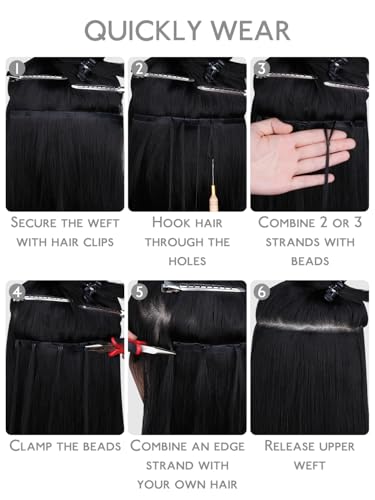 WENNALIFE 3PCS Butterfly Weft Hair Extensions Human Hair 14 Inch Black - Reusable Seamless Sew-In