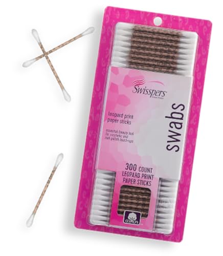 Swisspers Premium Cotton Swabs, 100% Pure Cotton Tips, Leopard Print Paper Sticks, 300 Count Pack (Pack of 3)