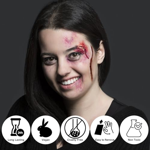 Fake Scar Bruise Makeup Kit,6 Color Bruise Wheel Body Paint and Rigid Collodion with Brush, Halloween Special Effects Makeup Kit with 2 White Sponges,Hunting Camo Face Paint