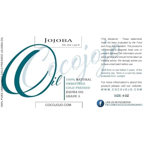 cocojojo Jojoba Oil Organic, Jojoba Oil for Hair Growth, Jojoba Oil for Skin, Jojoba Oil for Face, 100% Pure Natural, Cold Pressed, Deep Moisturizing Anti-Aging, Essential Oils - 4 Fl Oz