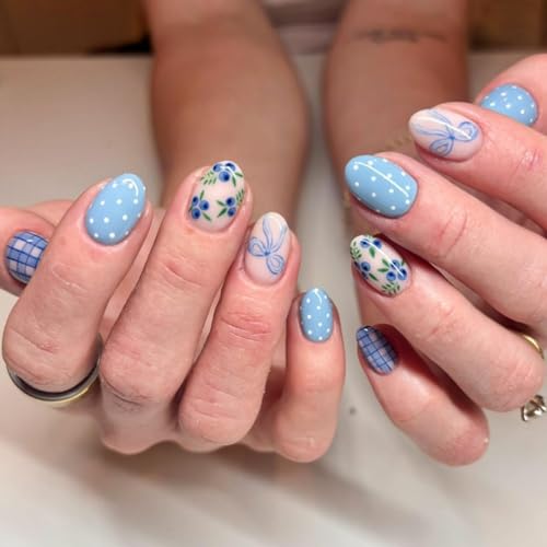Sevgob Pattern BK10 Polka Dots Blueberry Design Short Almond Press-On Nails 24Pcs