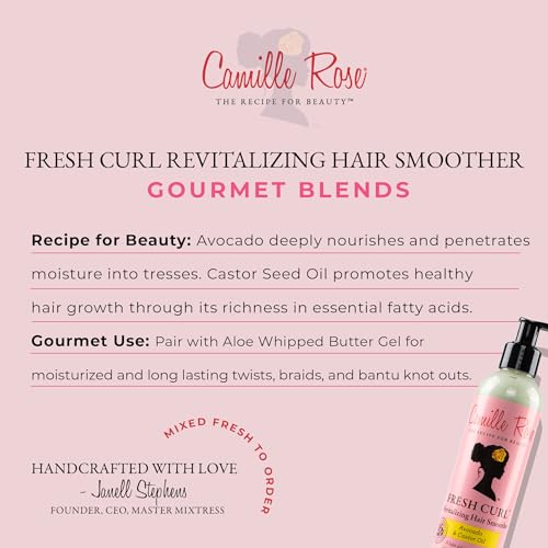 Camille Rose Fresh Curl Cream, Revitalizing Hair Smoother, Detangler with Avocado & Castor Oil for Silky Soft, Frizz-Free Hair, 8 Fl Oz