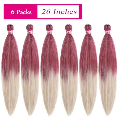 UPerfe Ombre Braiding Hair Extensions for Braids 99J to Blonde Kanekalon Braiding Hair Pre Stretched Prestretched Braiding Hair Kids Knotless Jumbo Colored Braiding Hair Ombre 26 inch 6 Bundles